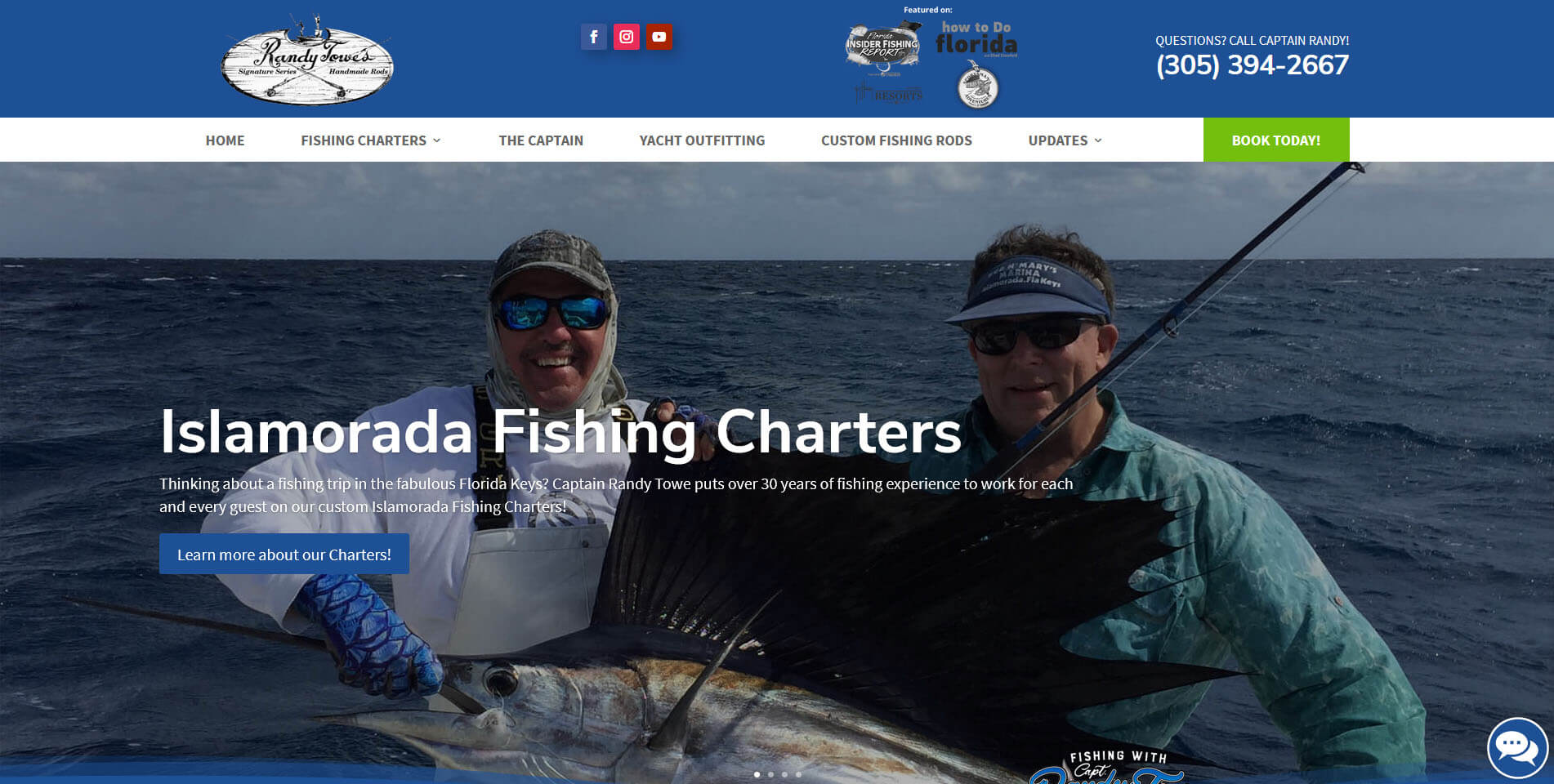An image of the homepage of Captain Randy Towe, website created by Not Fade Away Marketing