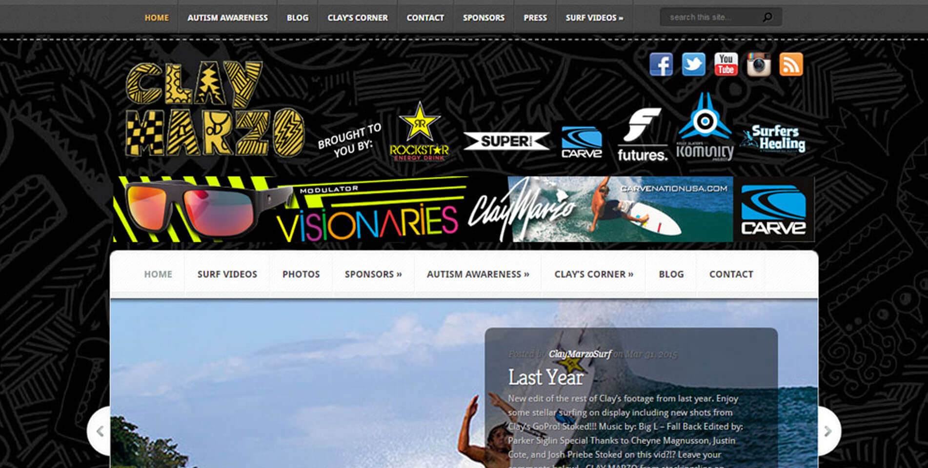 An image of the homepage of Clay Marzo, website created by Not Fade Away Marketing