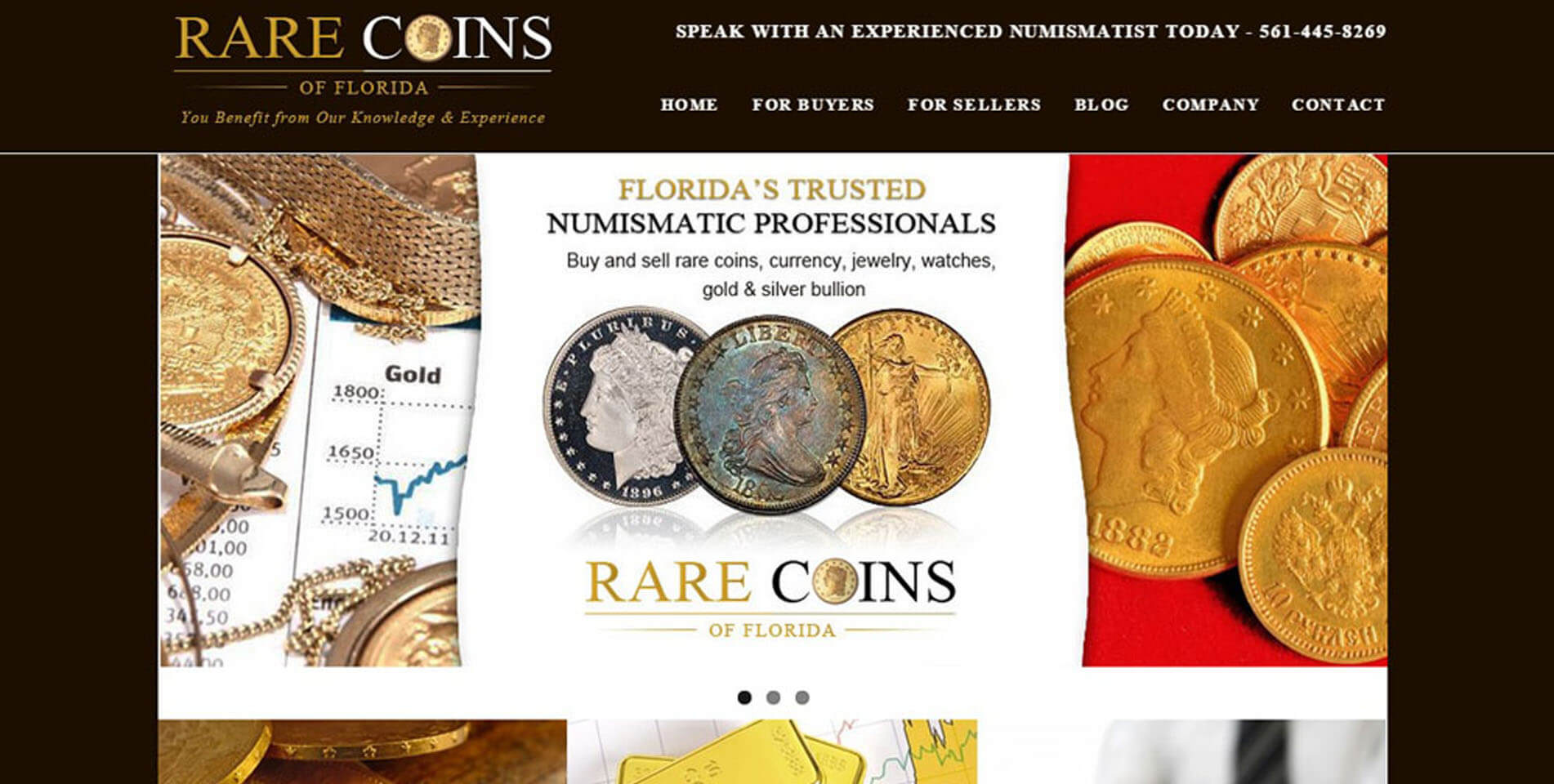 An image of the homepage of Rare Coins of Florida, website created by Not Fade Away Marketing