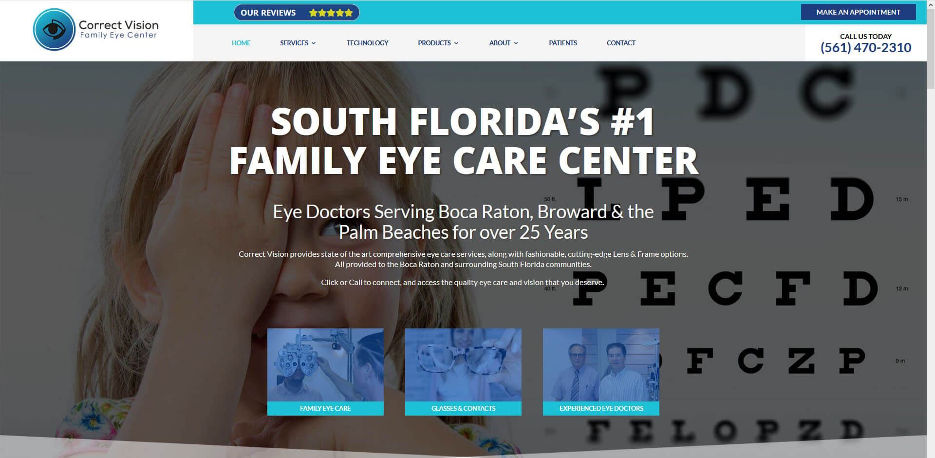 An image of the homepage of Correct Vision Family Eye Care, website created by Not Fade Away Marketing