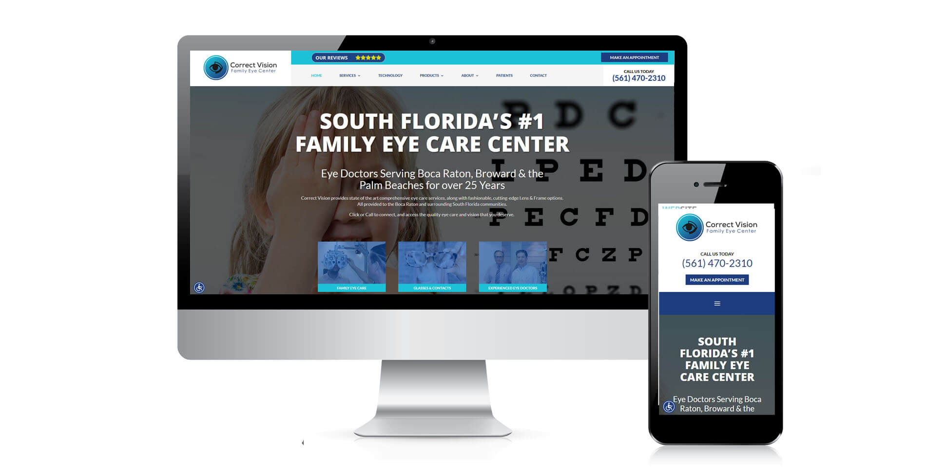 An image of the responsive design of Correct Vision Family Eye Care, website created by Not Fade Away Marketing