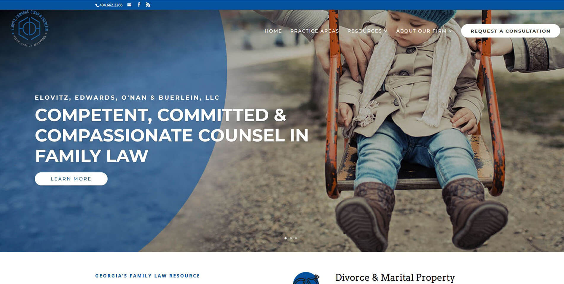 An image of the homepage of EO Family Law, website created by Not Fade Away Marketing