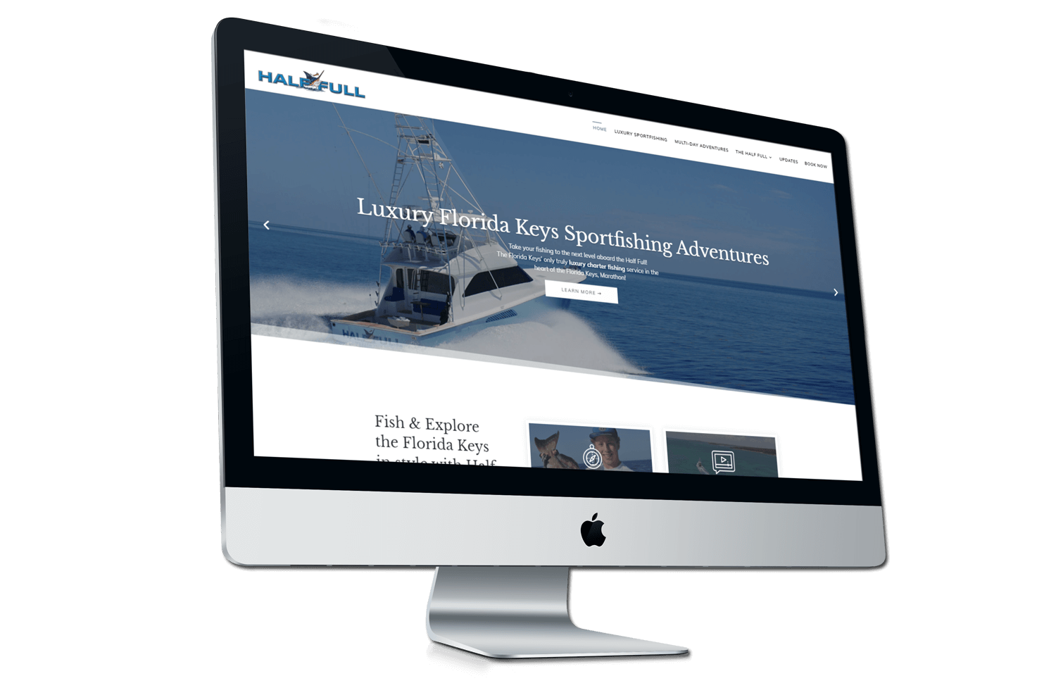 A after photo of the new Half Full Sportfishing website on a iMac mockup from Not Fade Away.