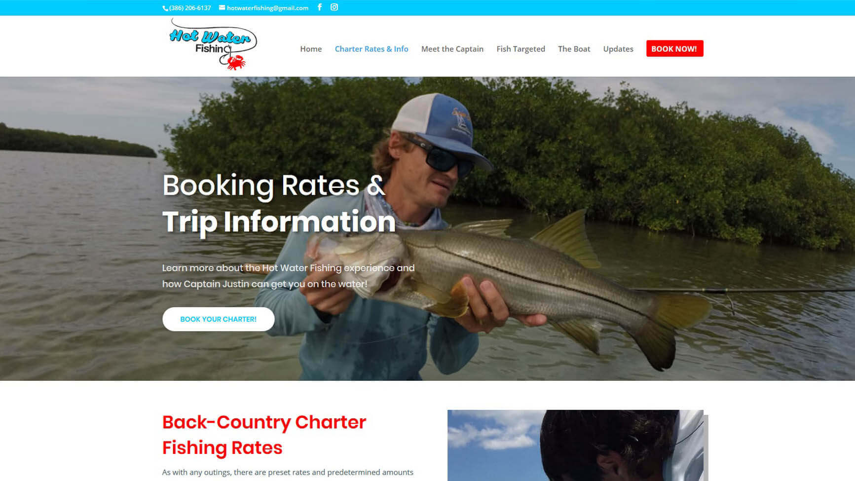 An image of the trip information page of Hot Water Fishing, website created by Not Fade Away Marketing