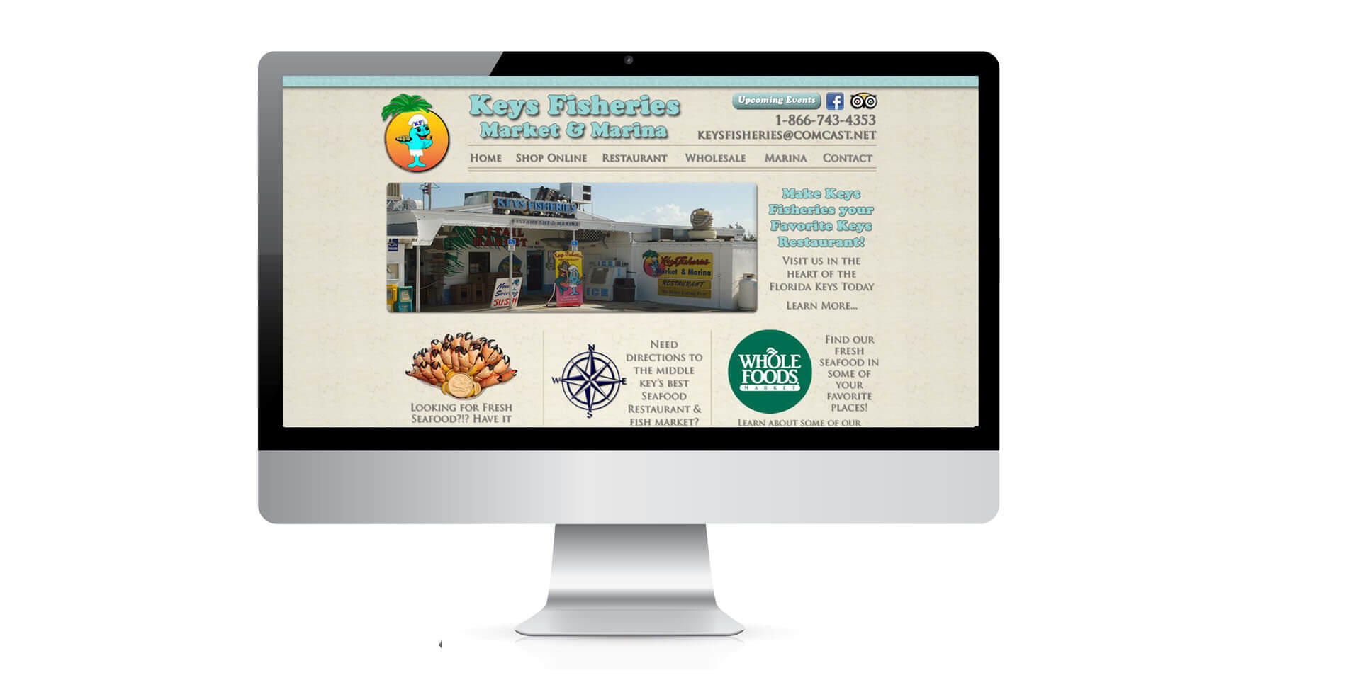 An image of the web design of Keys Fisheries, website created by Not Fade Away Marketing