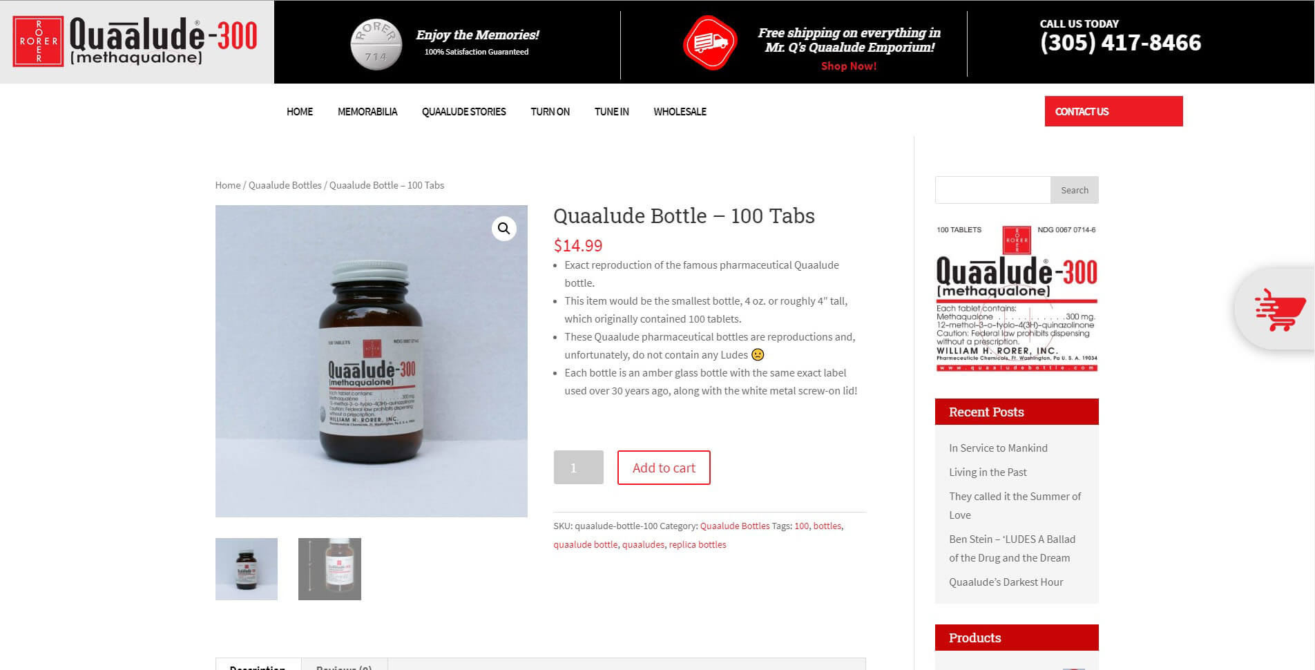 An image of the product page of Quaalude Bottle, website created by Not Fade Away Marketing