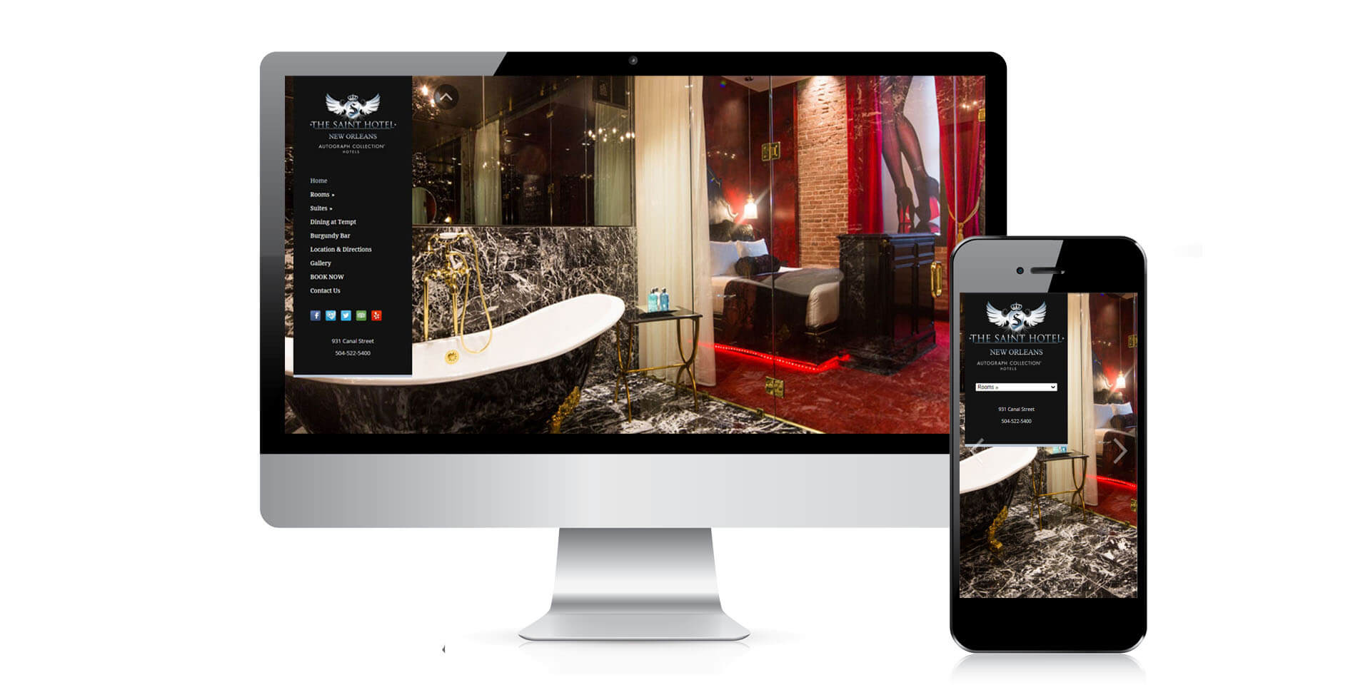 An image of the responsive design of Saint Hotel New Orleans, website created by Not Fade Away Marketing