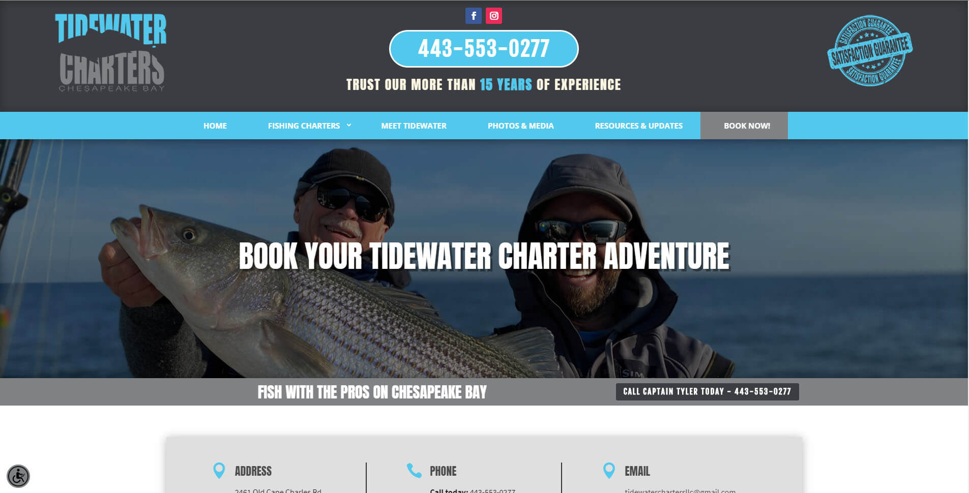 An image of the book now page of Tidewater Charters, website created by Not Fade Away Marketing