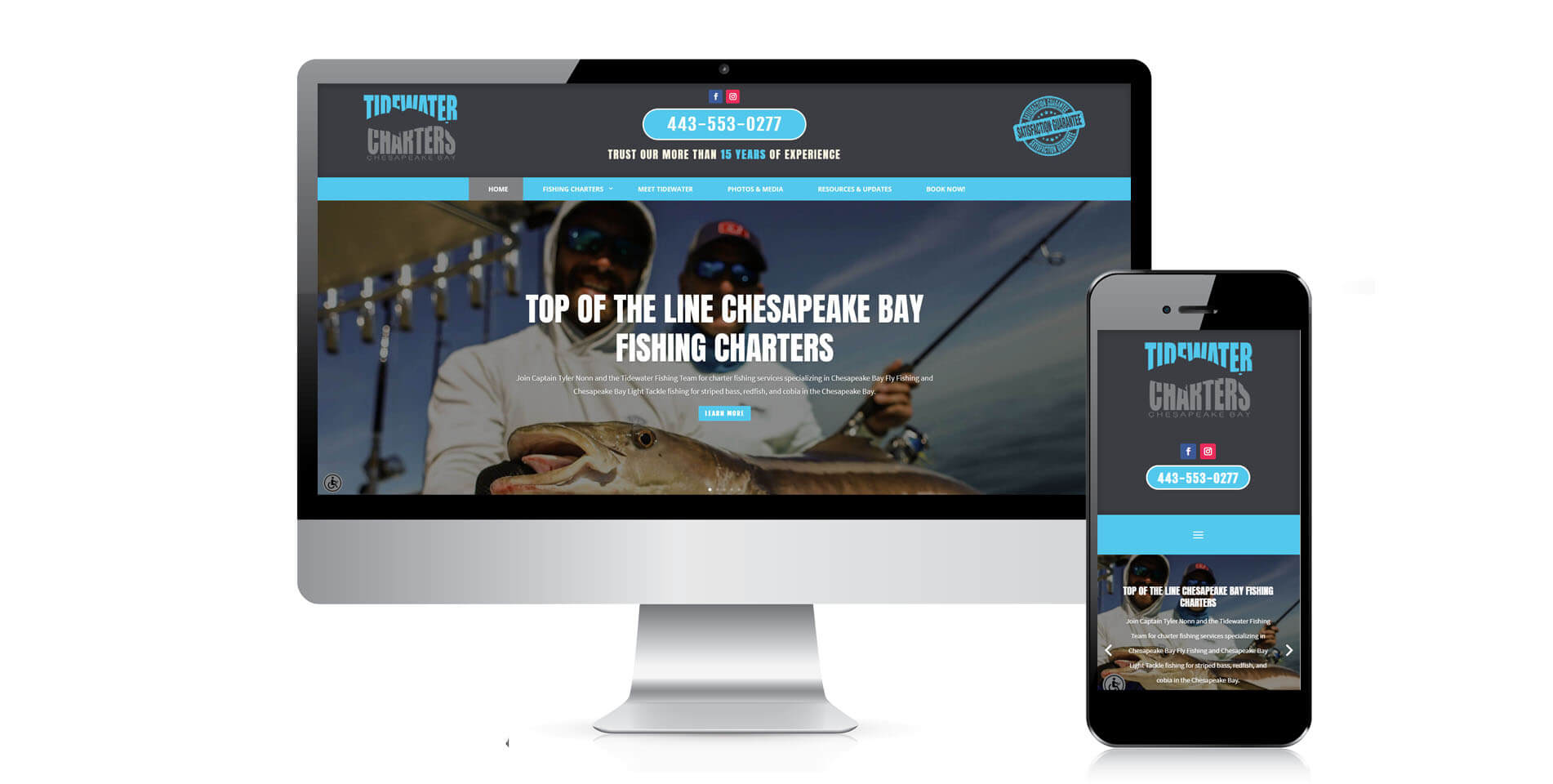 An image of the responsive design of Tidewater Charters, website created by Not Fade Away Marketing