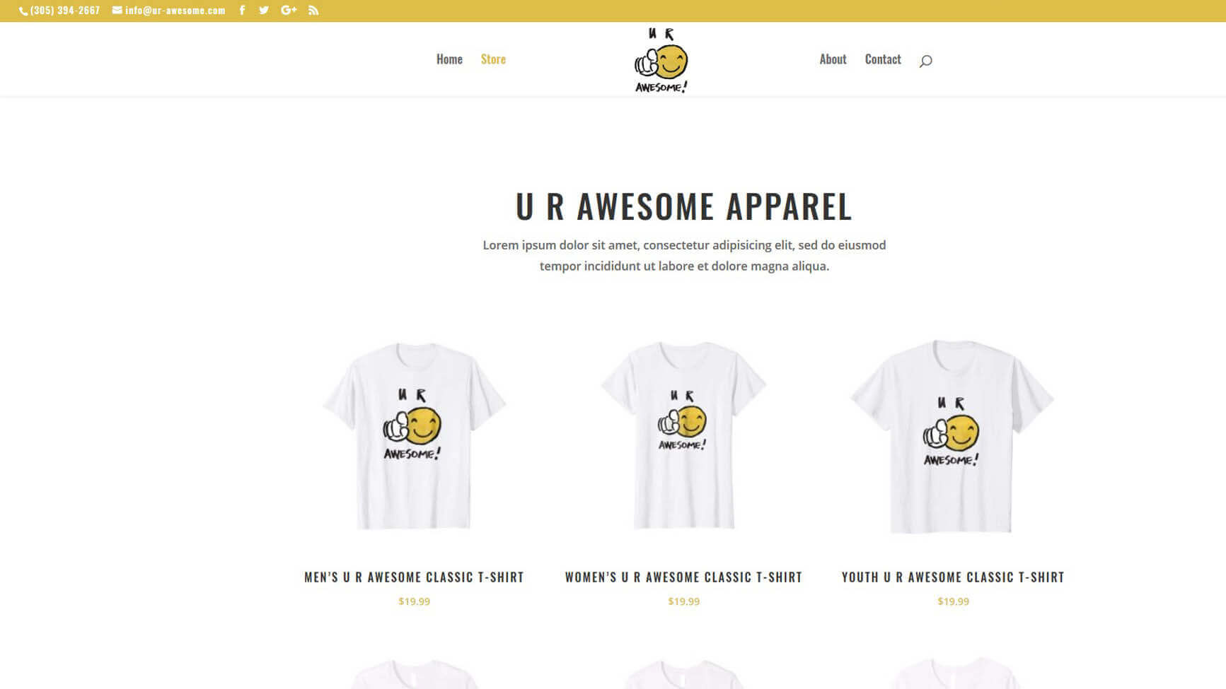 An image of the apparel page of UR Awesome, website created by Not Fade Away Marketing