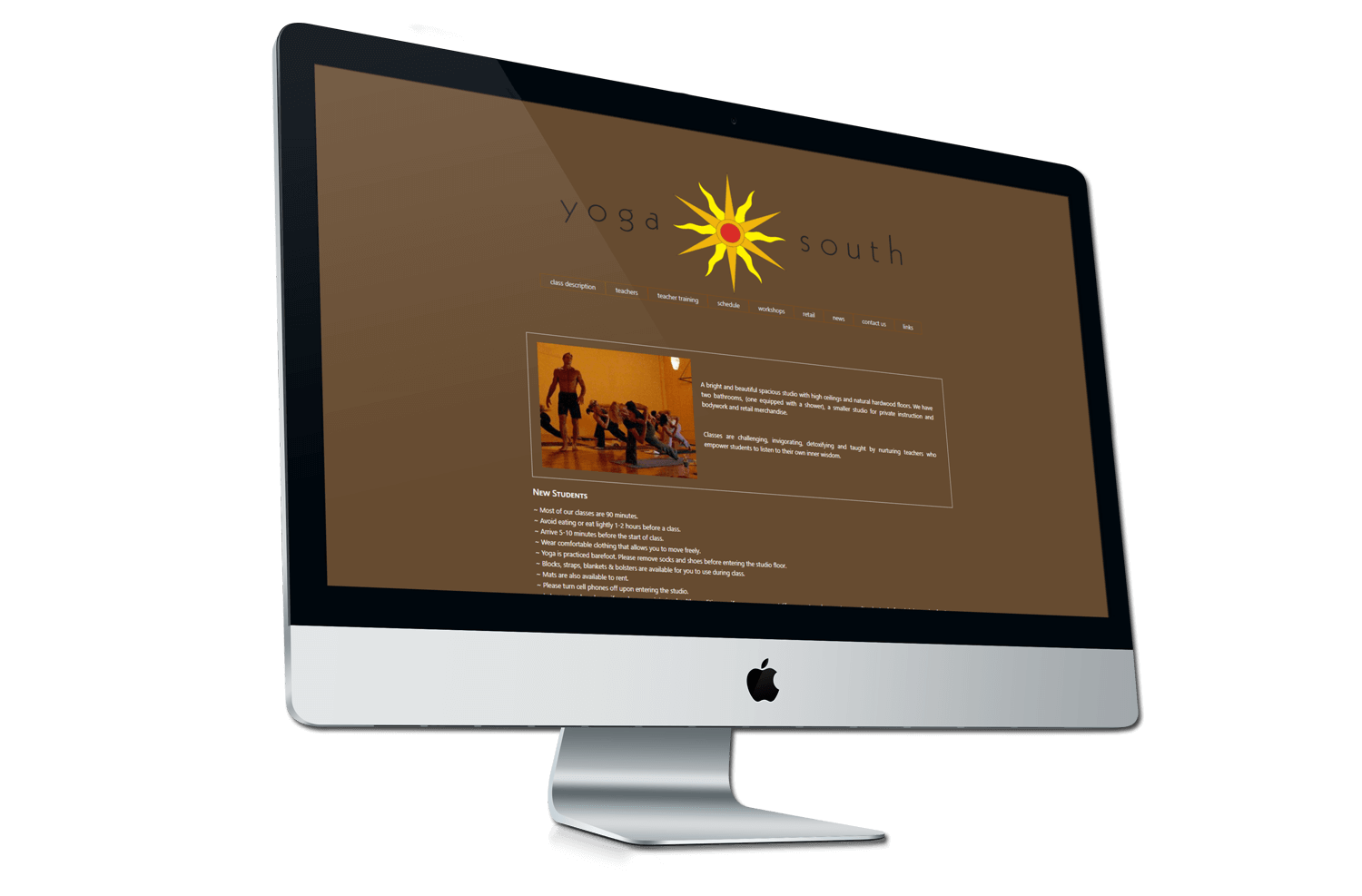 A before photo of the old Yoga South website on a iMac mockup from Not Fade Away.