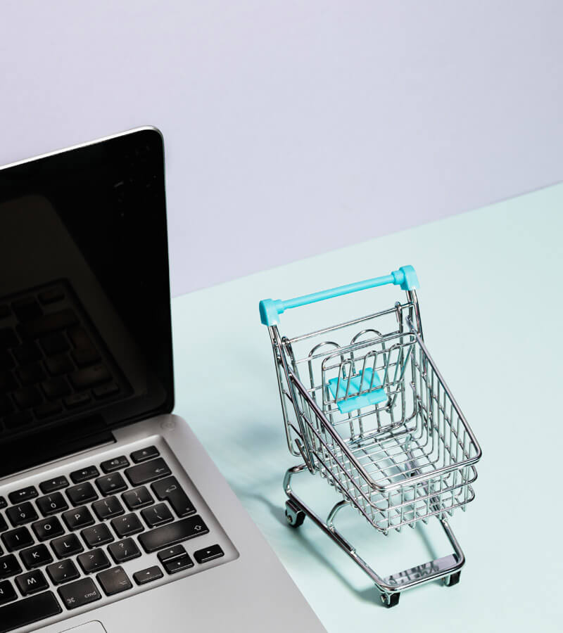 An image of a shopping cart next to a laptop computer that signifies ecommerce web desgin solutions.