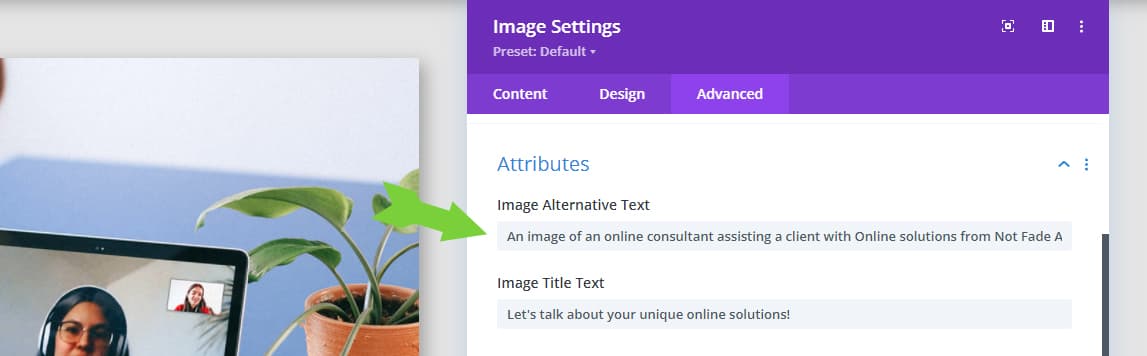 Page builder showing space to edit an image alt tags for an alternate image description.